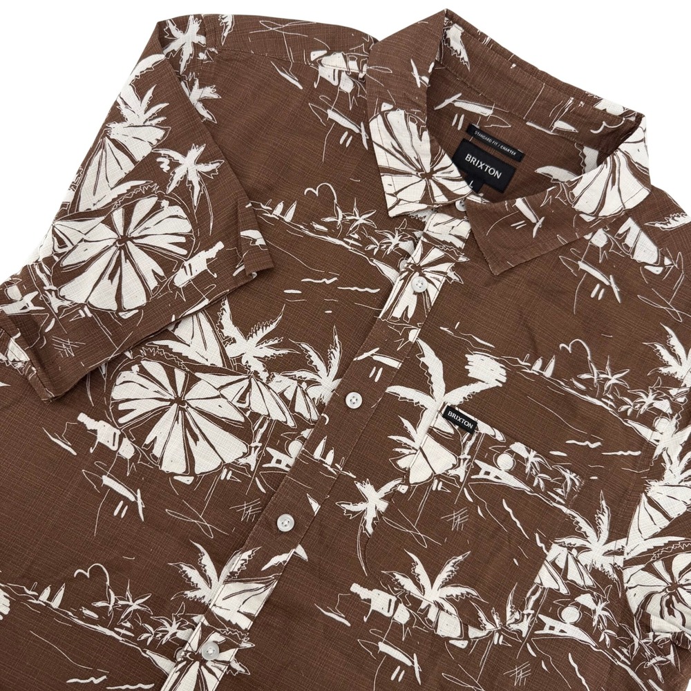 Brixton Charter Shirt Mens L Brown Tropical Palm Print Short Sleeve Button Up